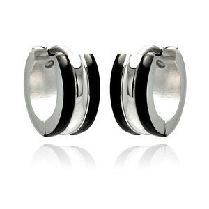 Stainless Steel Rhodium Plated Black Enamel Border Hoop Huggies Earrings